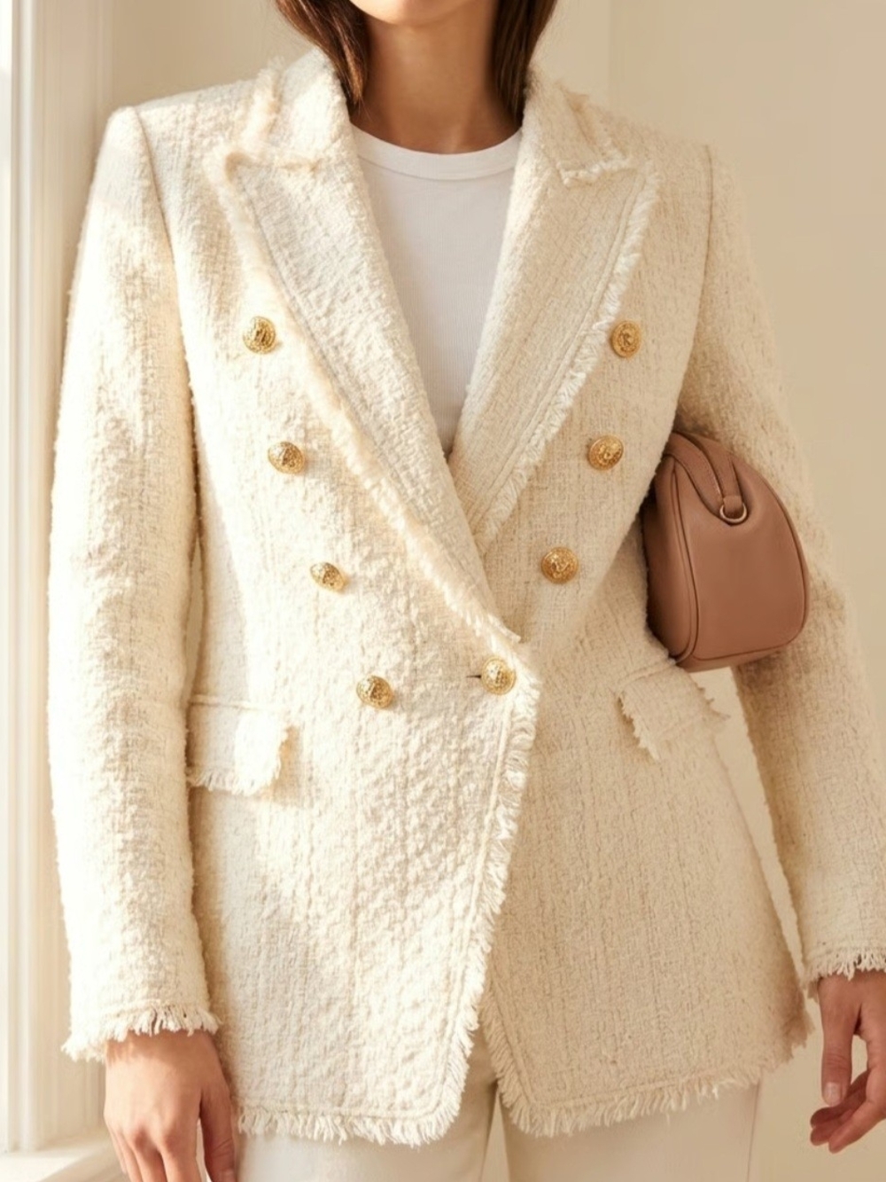 Zara Cream Bouclé Double-Breasted Blazer with Gold Buttons